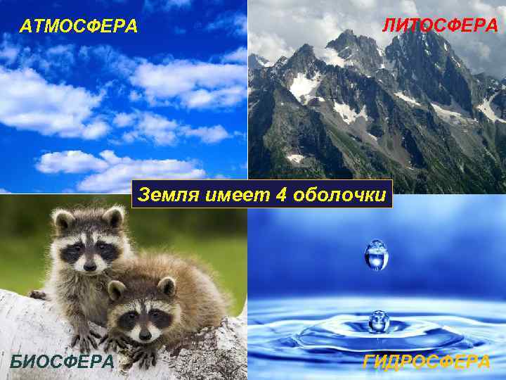 АТМОСФЕРА ЛИТОСФЕРА Земля имеет 4 оболочки БИОСФЕРА ГИДРОСФЕРА 