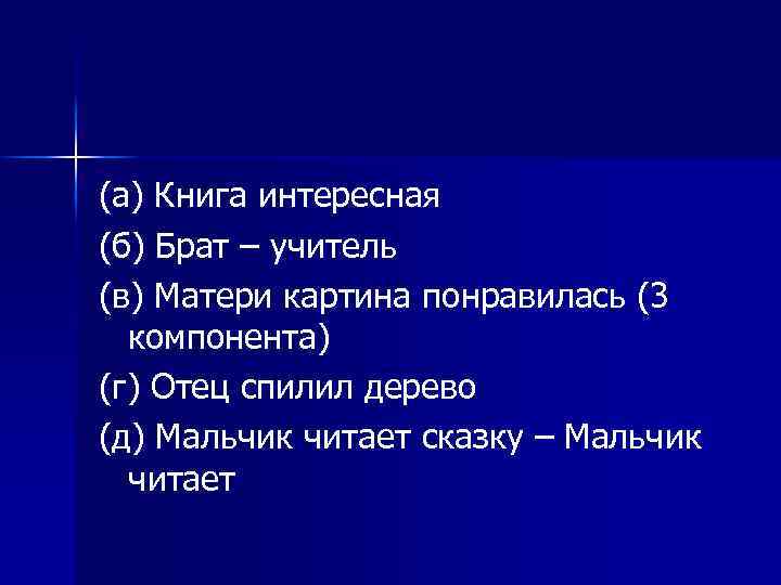 (а) Книга интересная (б) Брат – учитель (в) Матери картина понравилась (3 компонента) (г)