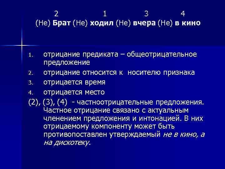 2 1 3 4 (Не) Брат (Не) ходил (Не) вчера (Не) в кино отрицание