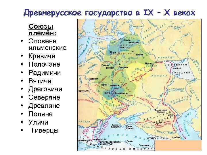 Древнерусское государство в IX – X веках Союзы племён: Словене ильменские Кривичи Полочане Радимичи