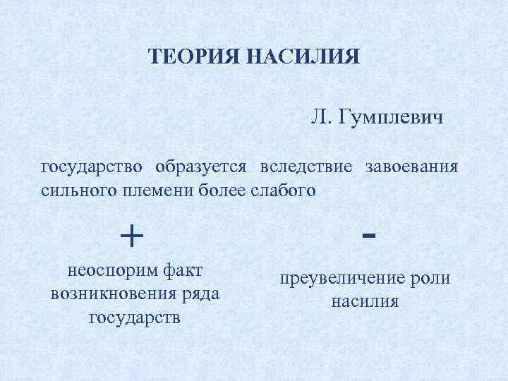 ТЕОРИЯ НАСИЛИЯ Л. Гумплевич государство образуется вследствие завоевания сильного племени более слабого + неоспорим