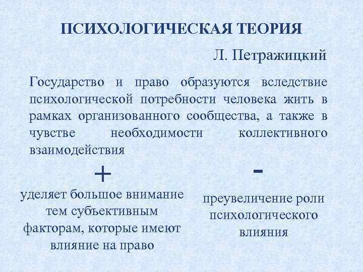 ПСИХОЛОГИЧЕСКАЯ ТЕОРИЯ Л. Петражицкий Государство и право образуются вследствие психологической потребности человека жить в