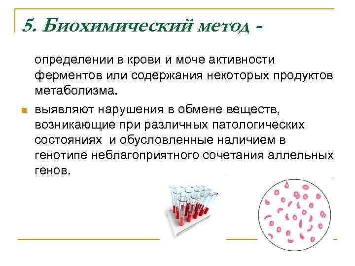 5. Биохимический метод - n определении в крови и моче активности ферментов или содержания