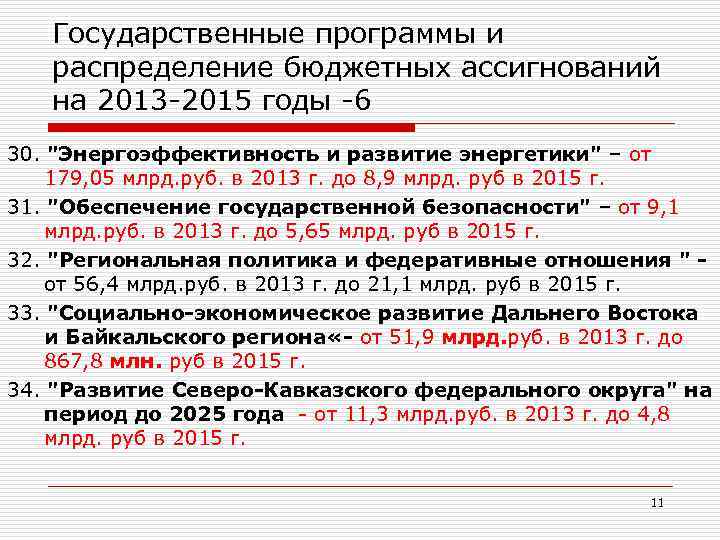 Государственные программы и распределение бюджетных ассигнований на 2013 -2015 годы -6 30. "Энергоэффективность и