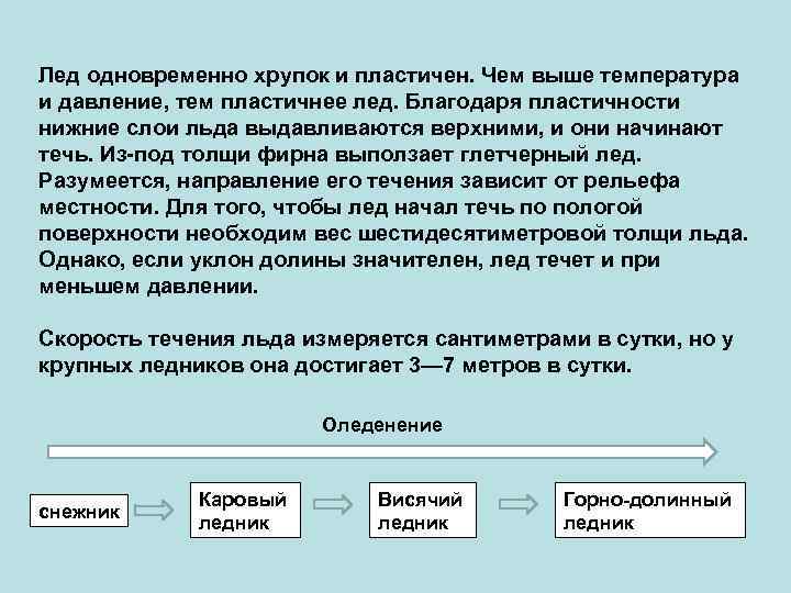 Лед одновременно хрупок и пластичен. Чем выше температура и давление, тем пластичнее лед. Благодаря