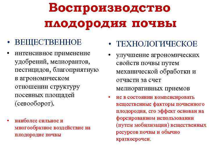 Воспроизводство плодородия почвы • ВЕЩЕСТВЕННОЕ • ТЕХНОЛОГИЧЕСКОЕ • интенсивное применение удобрений, мелиорантов, пестицидов, благоприятную