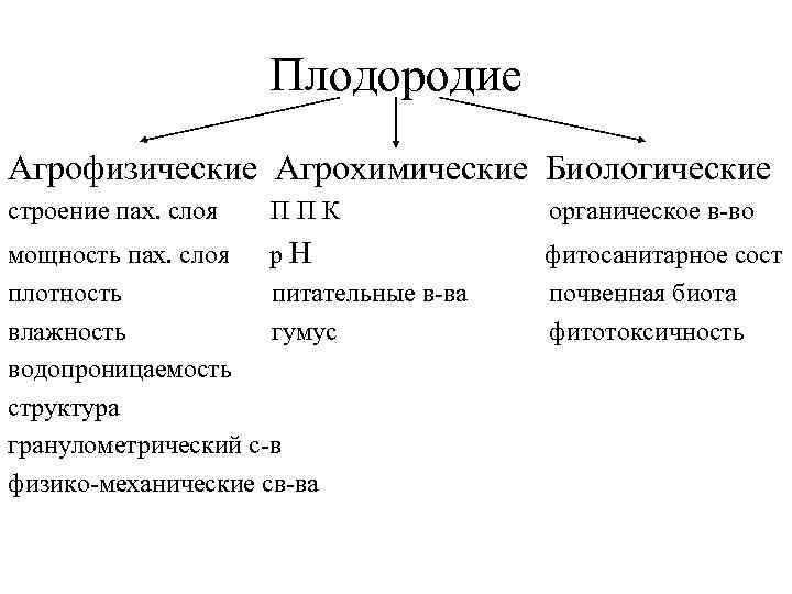 Плодородие Агрофизические Агрохимические Биологические строение пах. слоя ППК мощность пах. слоя р. Н плотность