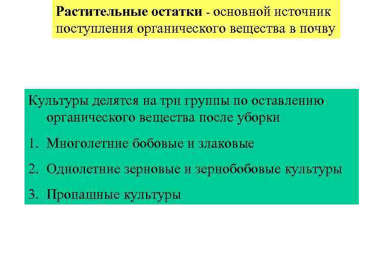 Растительные остатки - основной источник поступления органического вещества в почву Культуры делятся на три