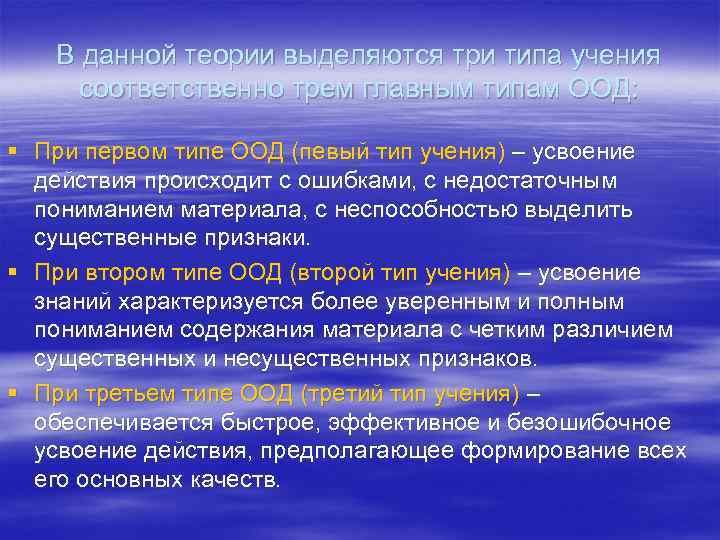 Несколько понятий. Основные типы учений. Теории учения. Три типа учения. Основные типы ориентировочной основы действия.