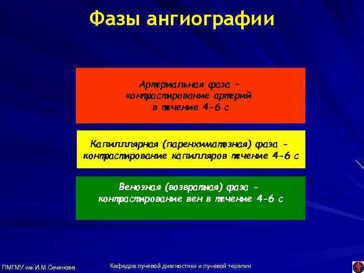 Фазы ангиографии Артериальная фаза – контрастирование артерий в течение 4 -6 с Капилллярная (паренхиматозная)