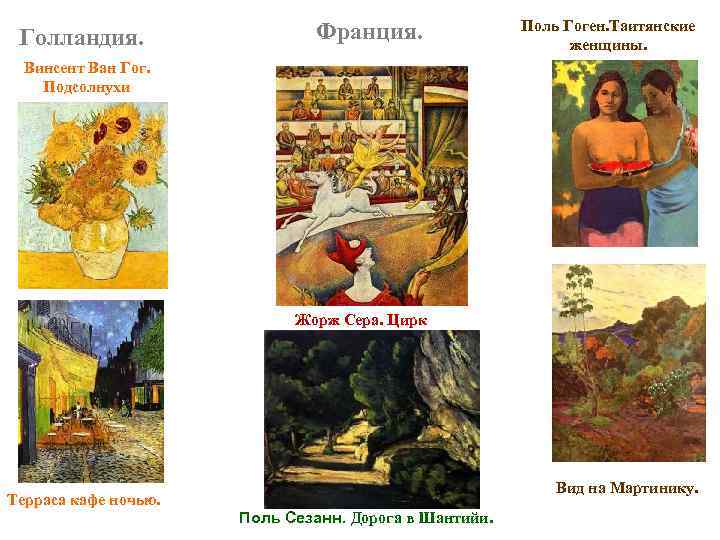 Голландия. Франция. Поль Гоген. Таитянские женщины. Винсент Ван Гог. Подсолнухи Жорж Сера. Цирк Вид
