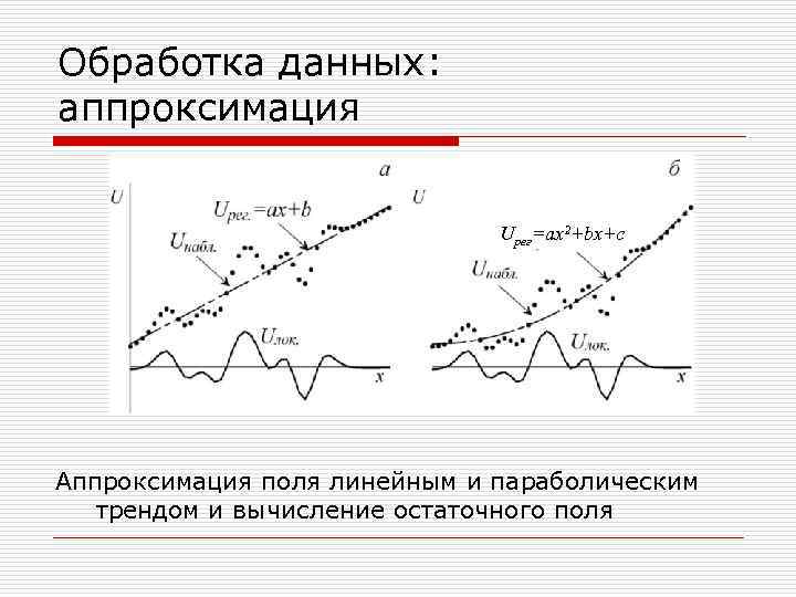 Обработка данных: аппроксимация Uрег=ax 2+bx+c Аппроксимация поля линейным и параболическим трендом и вычисление остаточного