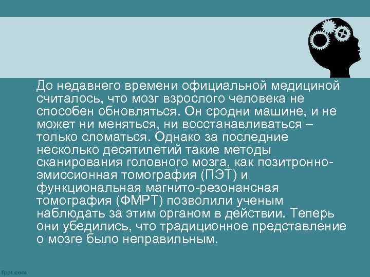 До недавнего времени официальной медициной считалось, что мозг взрослого человека не способен обновляться. Он