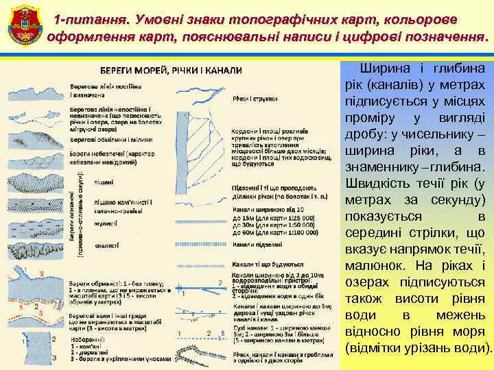 1 -питання. Умовні знаки топографічних карт, кольорове 4 оформлення карт, пояснювальні написи і цифрові