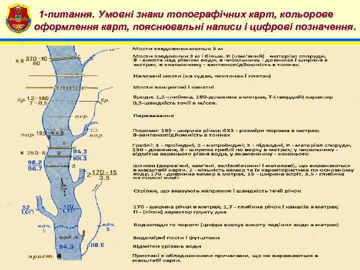 1 -питання. Умовні знаки топографічних карт, кольорове 4 оформлення карт, пояснювальні написи і цифрові