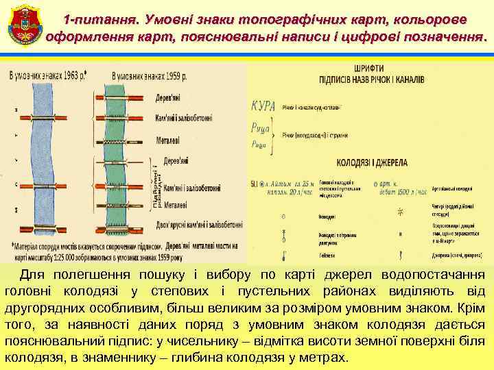 1 -питання. Умовні знаки топографічних карт, кольорове 4 оформлення карт, пояснювальні написи і цифрові