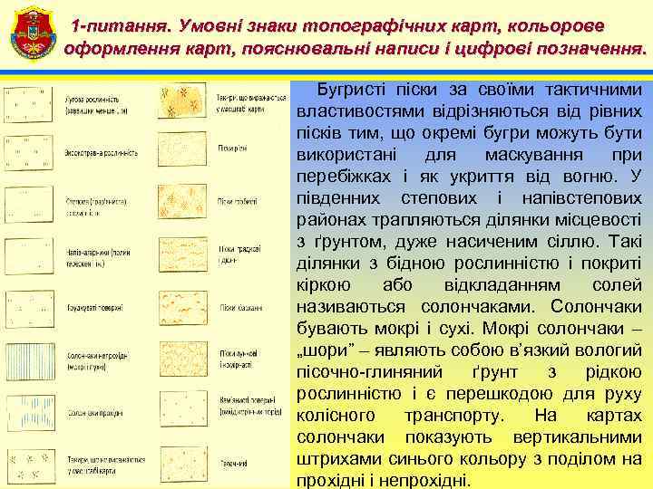 1 -питання. Умовні знаки топографічних карт, кольорове 4 оформлення карт, пояснювальні написи і цифрові