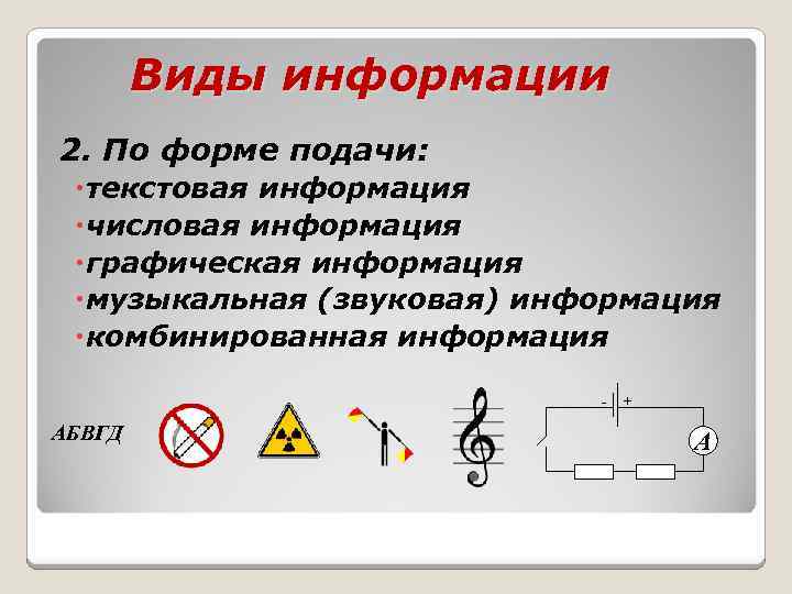 Виды информации 2. По форме подачи: текстовая информация числовая информация графическая информация музыкальная (звуковая)