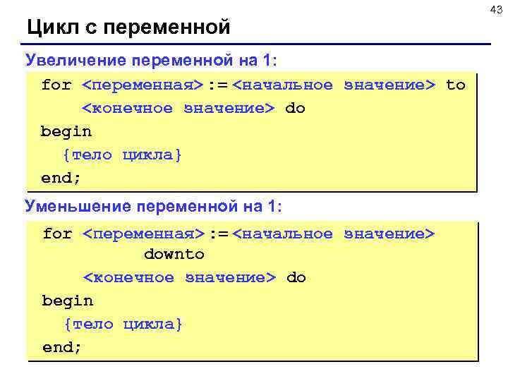 Цикл с переменной Увеличение переменной на 1: for <переменная> : = <начальное значение> to