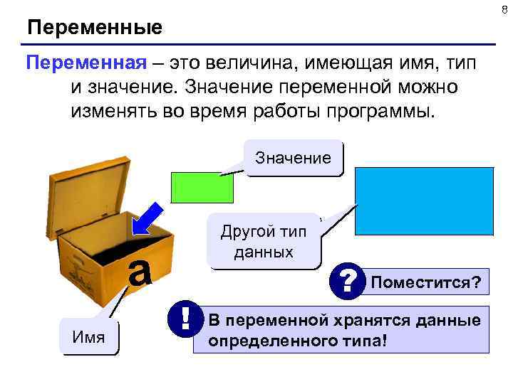8 Переменные Переменная – это величина, имеющая имя, тип и значение. Значение переменной можно