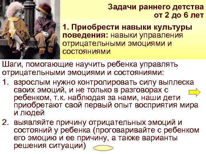 Задачи раннего детства от 2 до 6 лет 1. Приобрести навыки культуры поведения: навыки