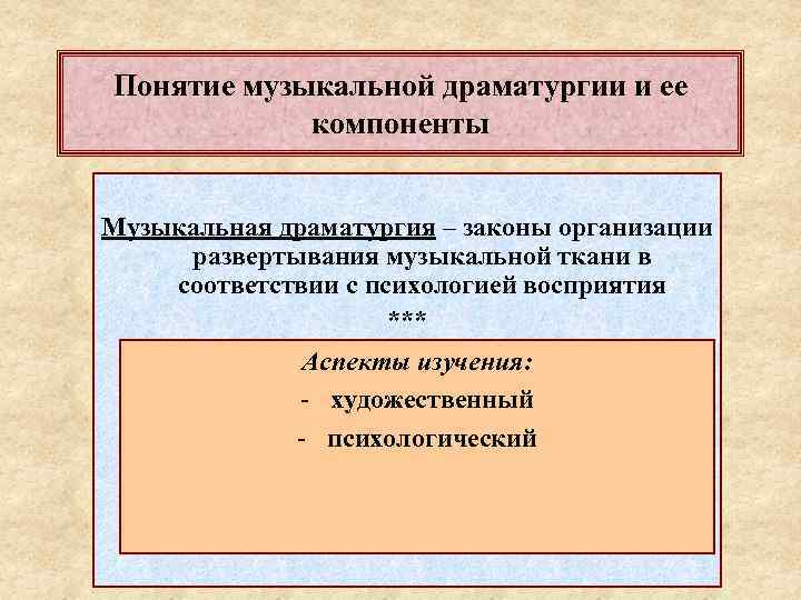 Понятие музыкальной драматургии и ее компоненты Музыкальная драматургия – законы организации развертывания музыкальной ткани