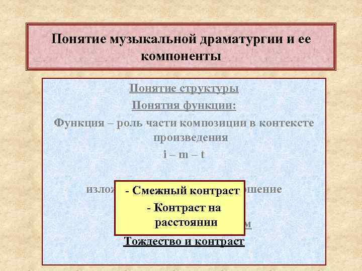 Понятие музыкальной драматургии и ее компоненты Понятие структуры Понятия функции: Функция – роль части