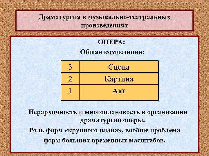 Драматургия в музыкально-театральных произведениях ОПЕРА: Общая композиция: 3 2 1 Сцена Картина Акт Иерархичность