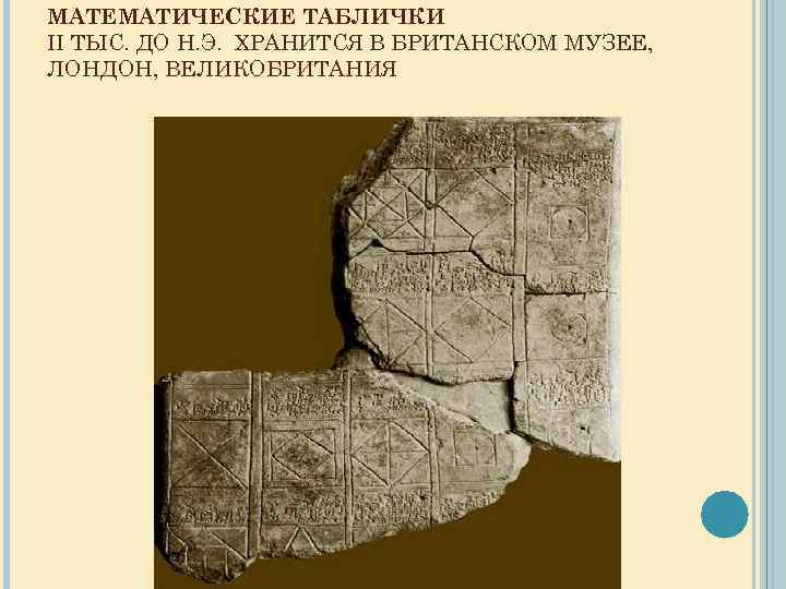 МАТЕМАТИЧЕСКИЕ ТАБЛИЧКИ II ТЫС. ДО Н. Э. ХРАНИТСЯ В БРИТАНСКОМ МУЗЕЕ, ЛОНДОН, ВЕЛИКОБРИТАНИЯ 