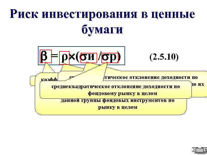 Риск инвестирования в ценные бумаги = ρ ( и / р) (2. 5. 10)