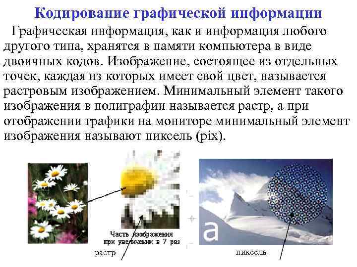 Кодирование графической информации Графическая информация, как и информация любого другого типа, хранятся в памяти