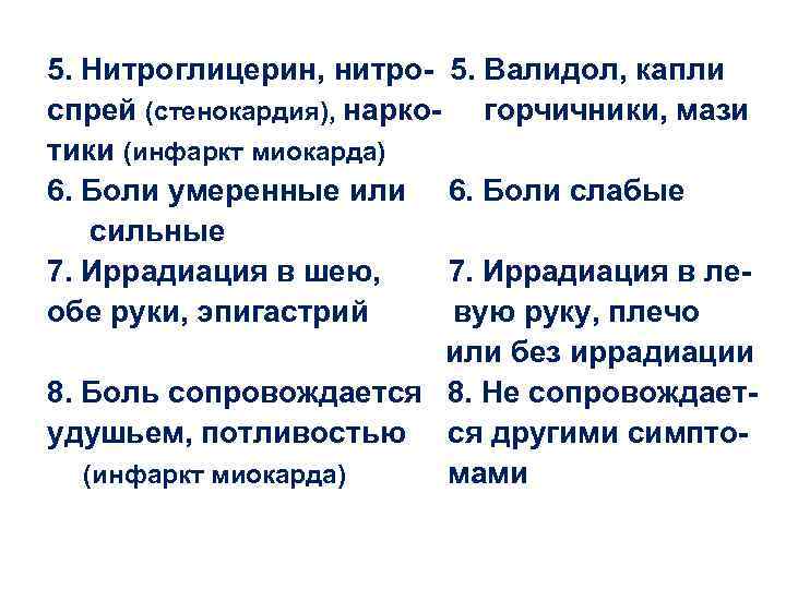 5. Нитроглицерин, нитро- 5. Валидол, капли спрей (стенокардия), нарко- горчичники, мази тики (инфаркт миокарда)
