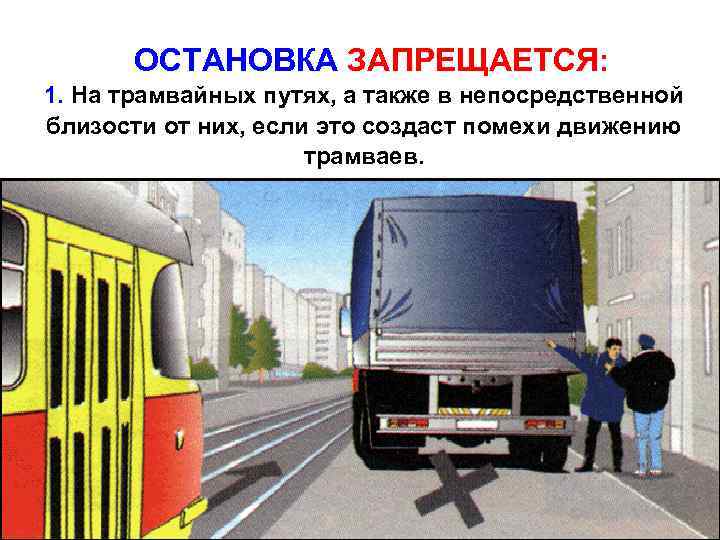 Помеха трамваю. Остановка на трамвайных путях. Остановка запрещается на трамвайных путях. Остановка запрещается. Остановка запрещена.
