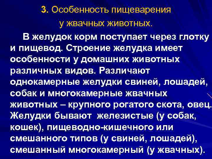 3. Особенность пищеварения у жвачных животных. В желудок корм поступает через глотку и пищевод.