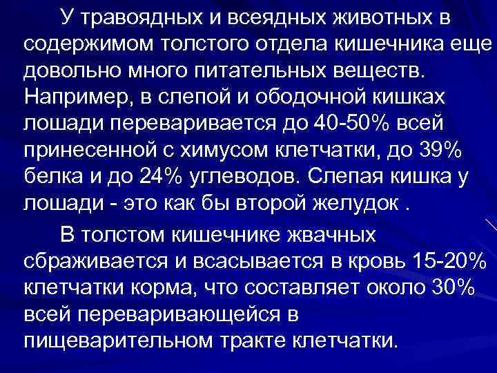 У травоядных и всеядных животных в содержимом толстого отдела кишечника еще довольно много питательных