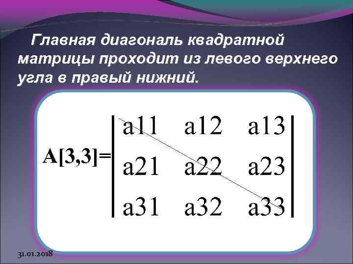 Главная диагональ квадратной матрицы проходит из левого верхнего угла в правый нижний. А[3, 3]=