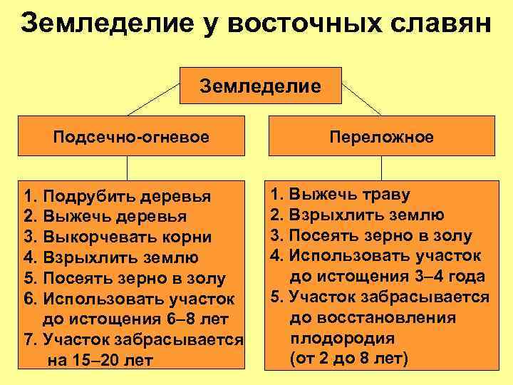 Земледелие у восточных славян Земледелие Подсечно-огневое Переложное 1. Подрубить деревья 2. Выжечь деревья 3.