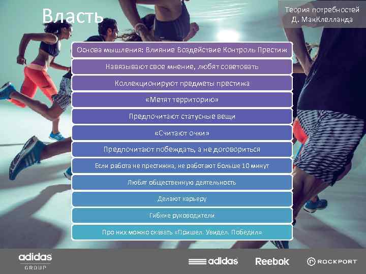 Власть Теория потребностей Д. Мак. Клелланда Основа мышления: Влияние Воздействие Контроль Престиж Навязывают свое