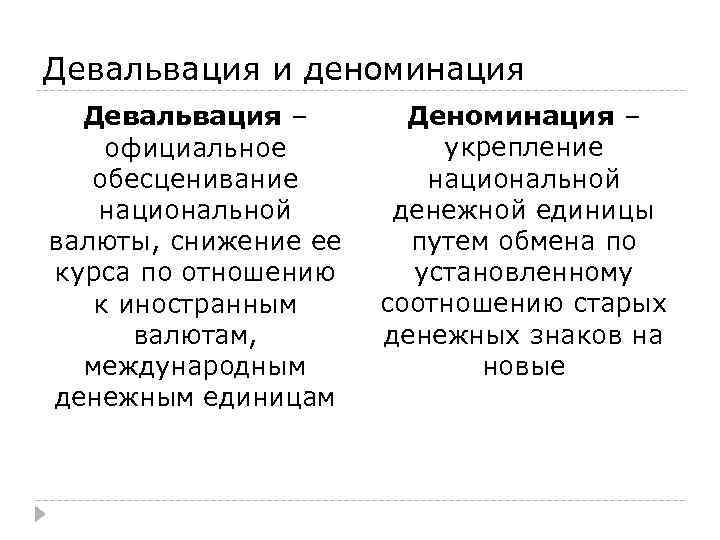 Девальвация и деноминация Девальвация – официальное обесценивание национальной валюты, снижение ее курса по отношению