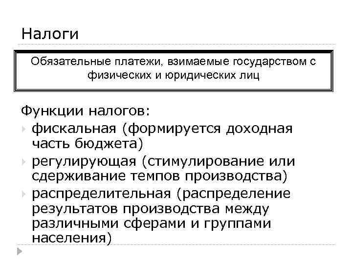 Налоги Обязательные платежи, взимаемые государством с физических и юридических лиц Функции налогов: фискальная (формируется