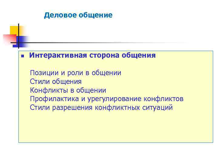 Деловое общение Интерактивная сторона общения Позиции и роли в общении Стили общения Конфликты в
