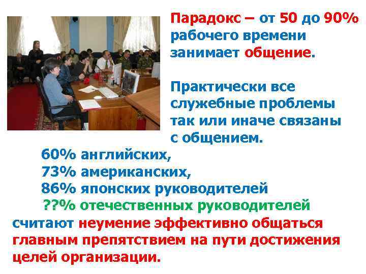 Парадокс – от 50 до 90% рабочего времени занимает общение. Практически все служебные проблемы