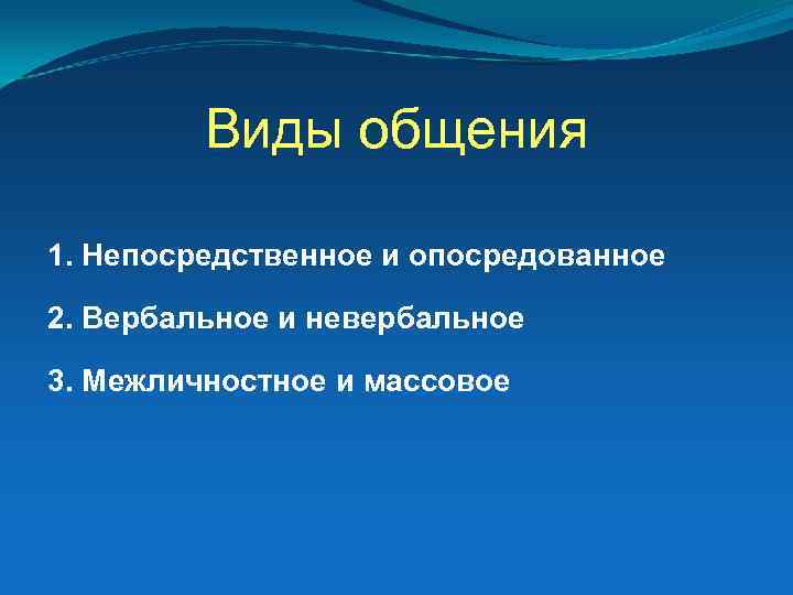 Виды общения 1. Непосредственное и опосредованное 2. Вербальное и невербальное 3. Межличностное и массовое