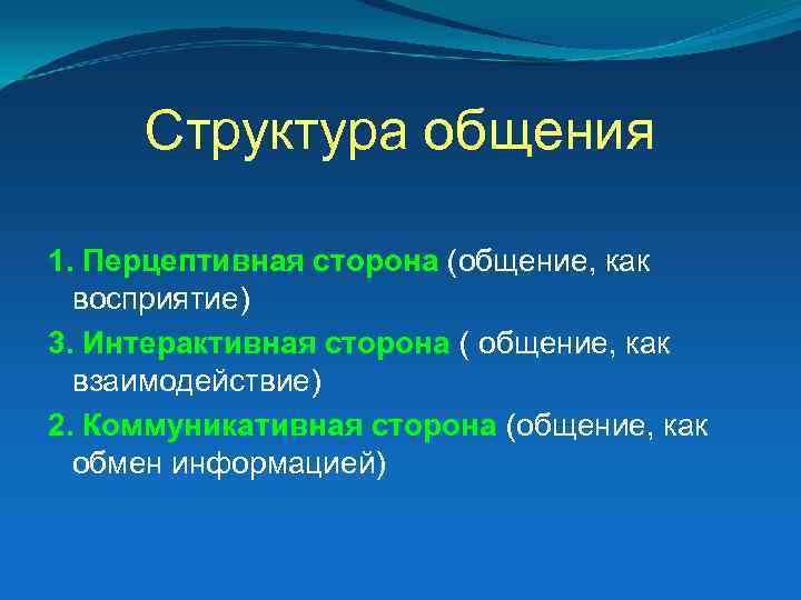 Структура общения 1. Перцептивная сторона (общение, как восприятие) 3. Интерактивная сторона ( общение, как