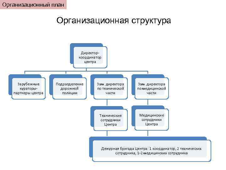 Организационный план Организационная структура Директоркоординатор центра Зарубежные кураторыпартнеры центра Подразделение дорожной полиции Зам. директора
