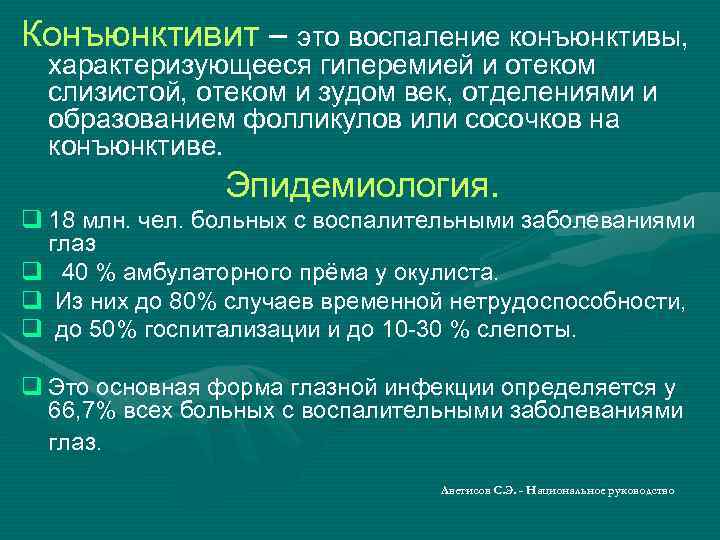 Конъюнктивит – это воспаление конъюнктивы, характеризующееся гиперемией и отеком слизистой, отеком и зудом век,