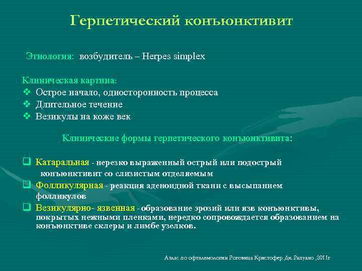 Герпетический конъюнктивит Этиология: возбудитель – Herpes simplex Клиническая картина: v Острое начало, односторонность процесса