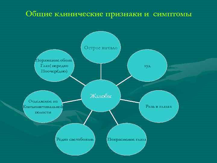 Общие клинические признаки и симптомы Острое начало Поражение обоих Глаз( нередко Поочерёдно) Отделяемое из