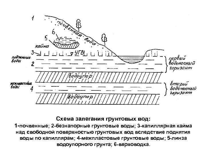 Схема залегания грунтовых вод: 1 -почвенные; 2 -безнапорные грунтовые воды; 3 -капиллярная кайма над