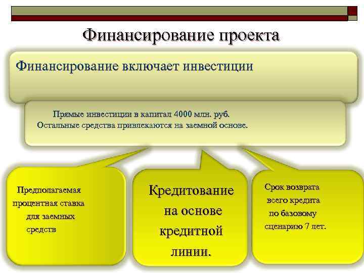 Финансирование проекта Финансирование включает инвестиции Прямые инвестиции в капитал 4000 млн. руб. Остальные средства